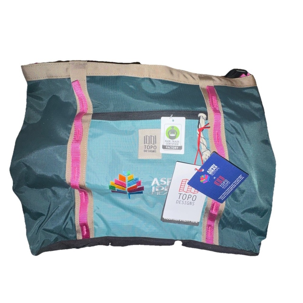 Topo Designs Mountain Utility Tote Blue PFC Free Fair Trade Corp Logo